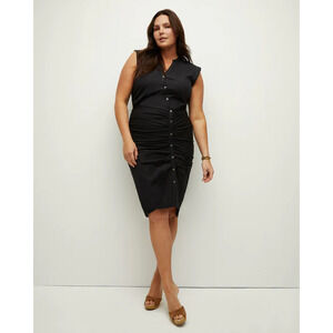 Veronica Beard Sleeveless Ruched Stretch Cotton Poplin Midi Shirtdress Black-S